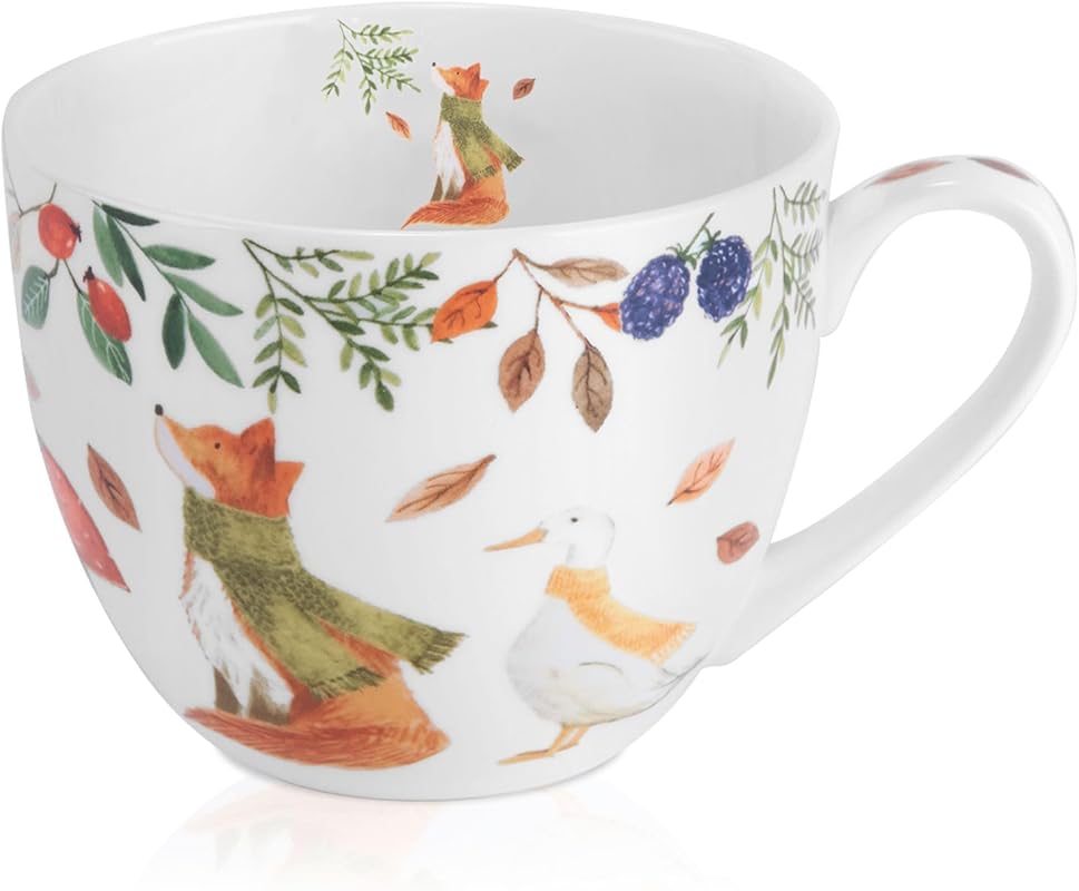 Harvest Green Studio Autumn Forest Bone China Coffee Mug, 20 oz, Fox, 