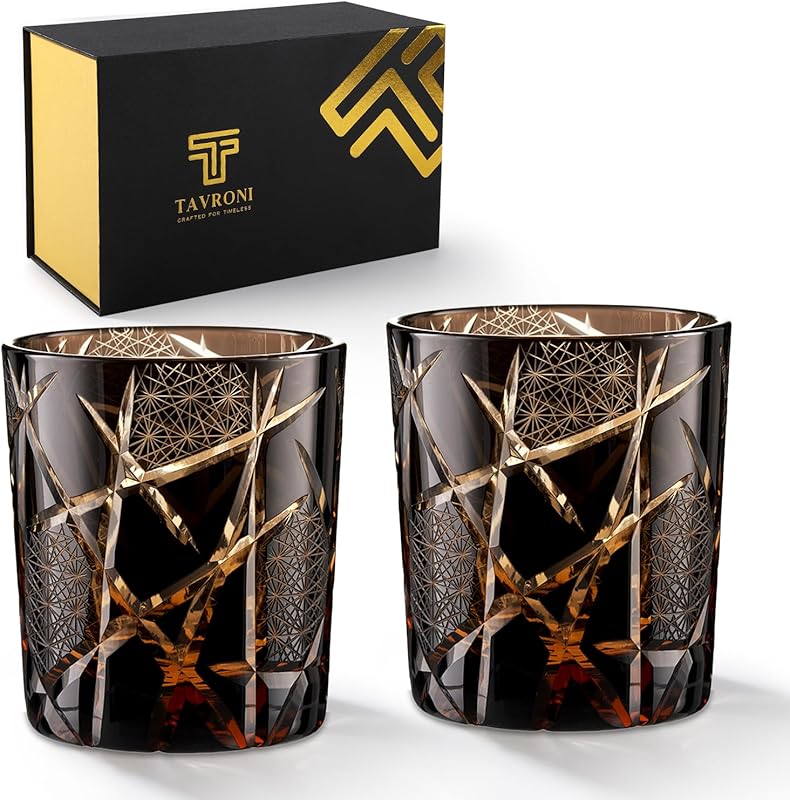 Edo Kiriko Old Fashioned Japanese Whiskey Glasses Set of 2, 9oz Handma
