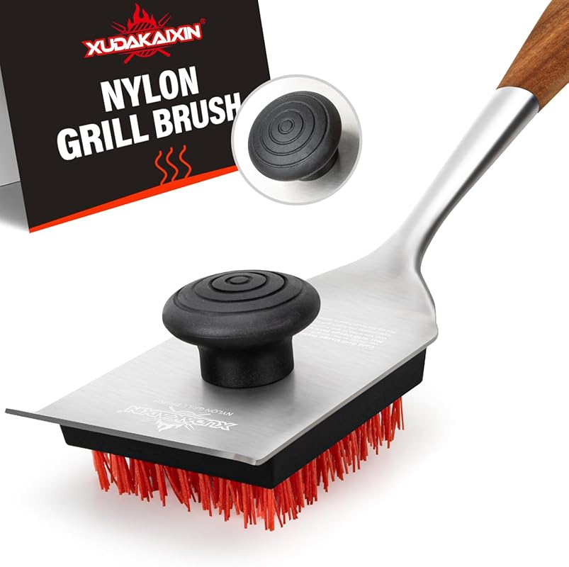 Nylon Grill Brush with Acaciawood Handle: Dual Grip Triple Scrubber fo