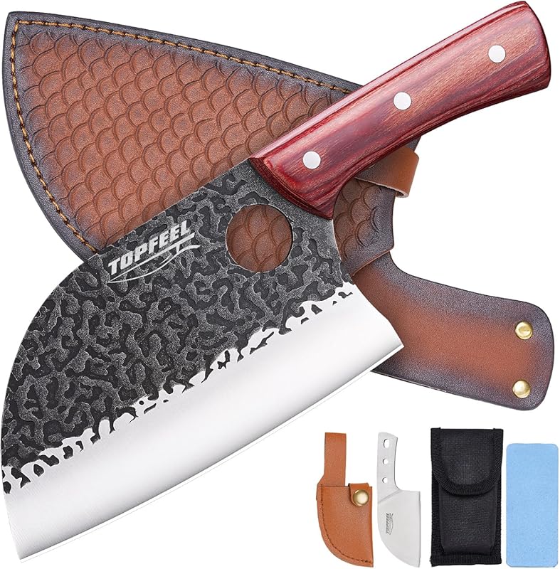 6.8 Inch Serbian Chef Knife Meat Cleaver Set with Leather Sheath and W