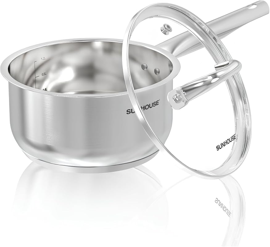 SUNHOUSE 1.5-Quart Stainless Steel Sauce Pan with Lid, PFOA-Free, Indu