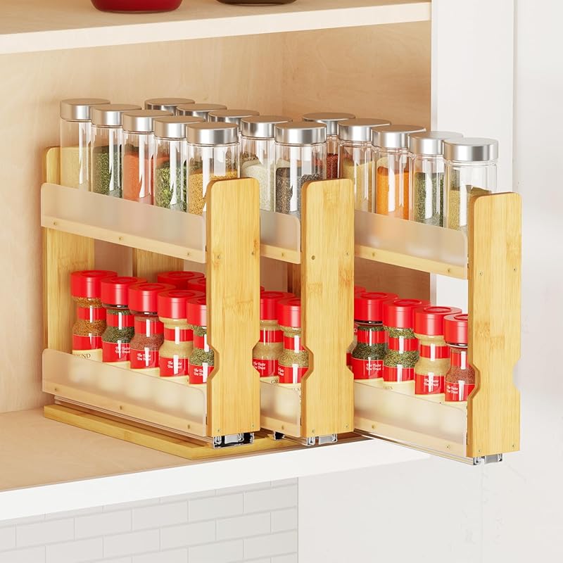 SpaceAid 2-Tier Bamboo Pull Out Spice Rack Organizer, Heavy Duty Slidi