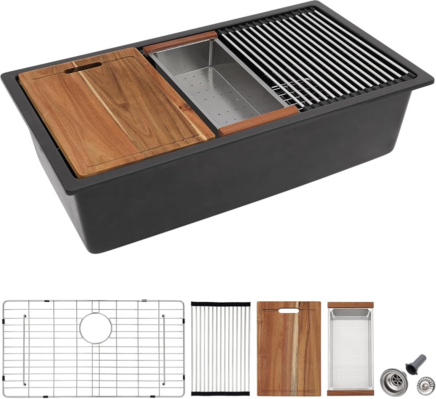 Fulorni 28"x19" Matte Black Granite Composite Workstation Kitchen Sink