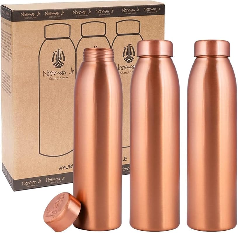 NORMAN JR 1L Pure Copper Water Bottle, Plain Ayurvedic Vessel, Gift Bo