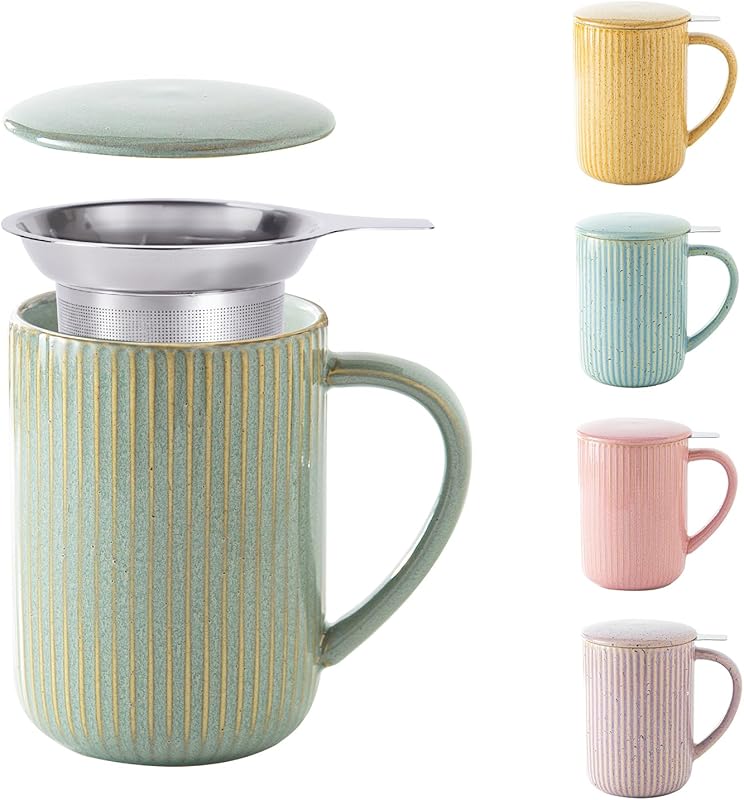 Yundu Flambe Green Ceramic Teacup with Infuser & Lid, 15.5 oz Loose Le