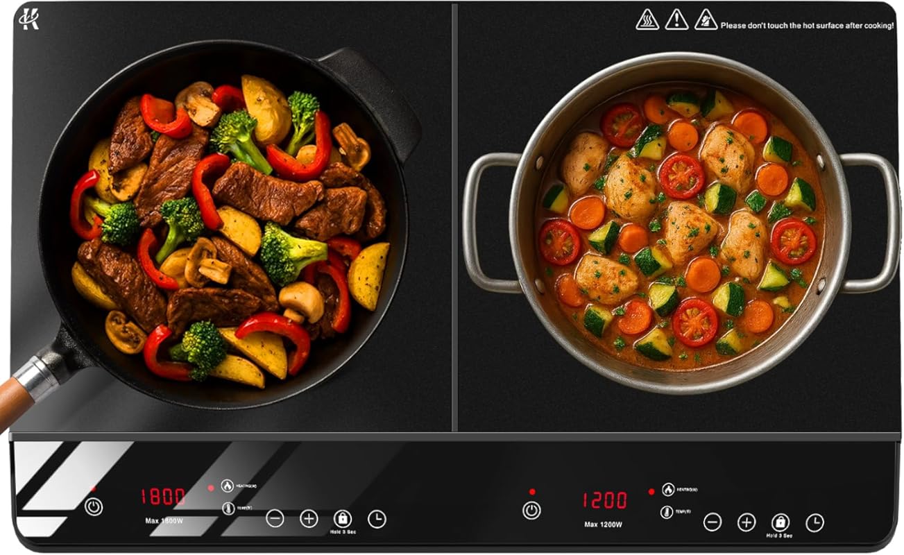 Portable Double Burner Induction Cooktop: 1800W, 9 Temp & Power Levels
