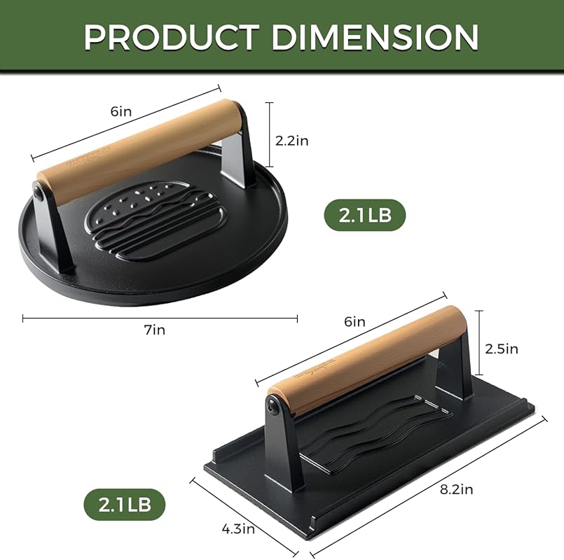 Cast Iron Smash Burger Press Tool, 2-Pack Round & Rectangle Grooved fo