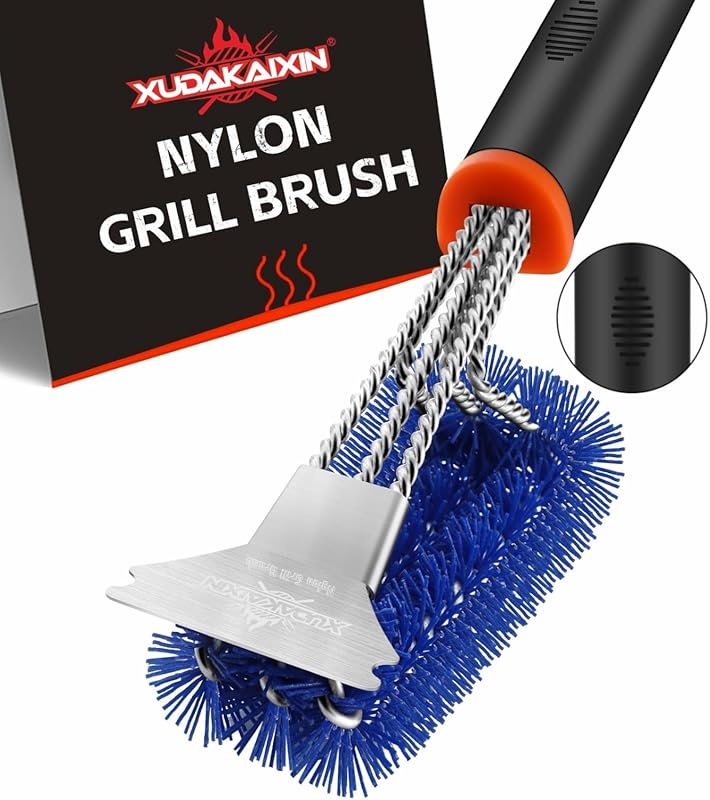 Nylon Grill Brush & Scraper: Safe Triple Scrubbers for Cast Iron, Porc