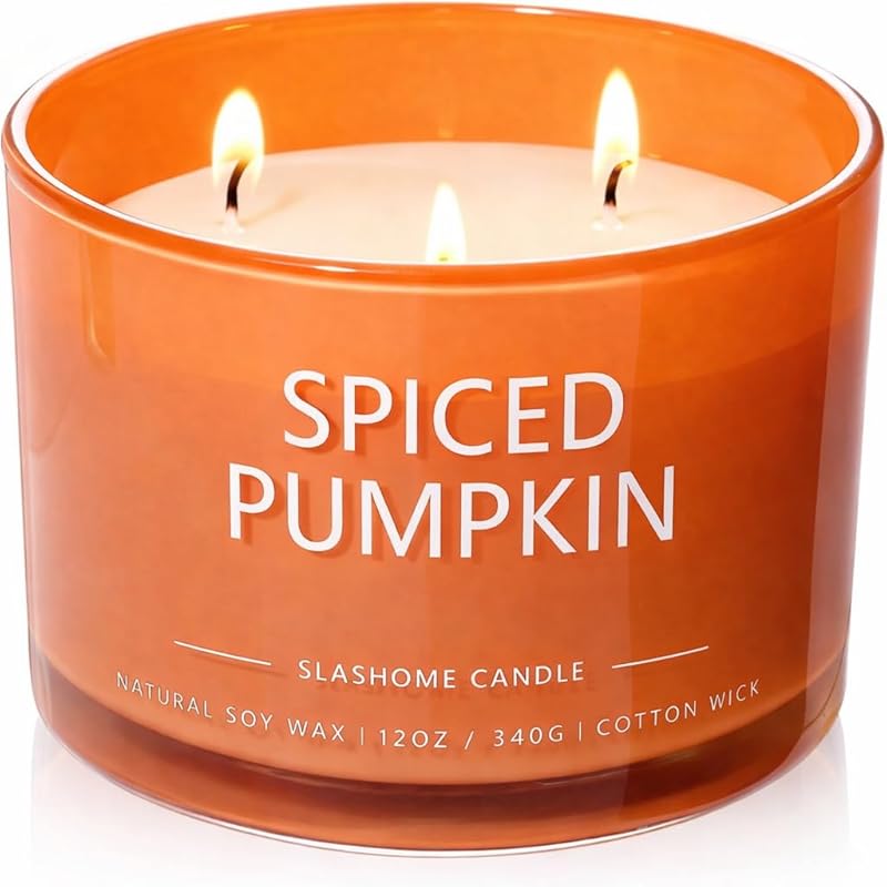 Luxury Pumpkin Spice Scented Candle, 12 oz Large 3-Wick Soy, 60+ Hour 