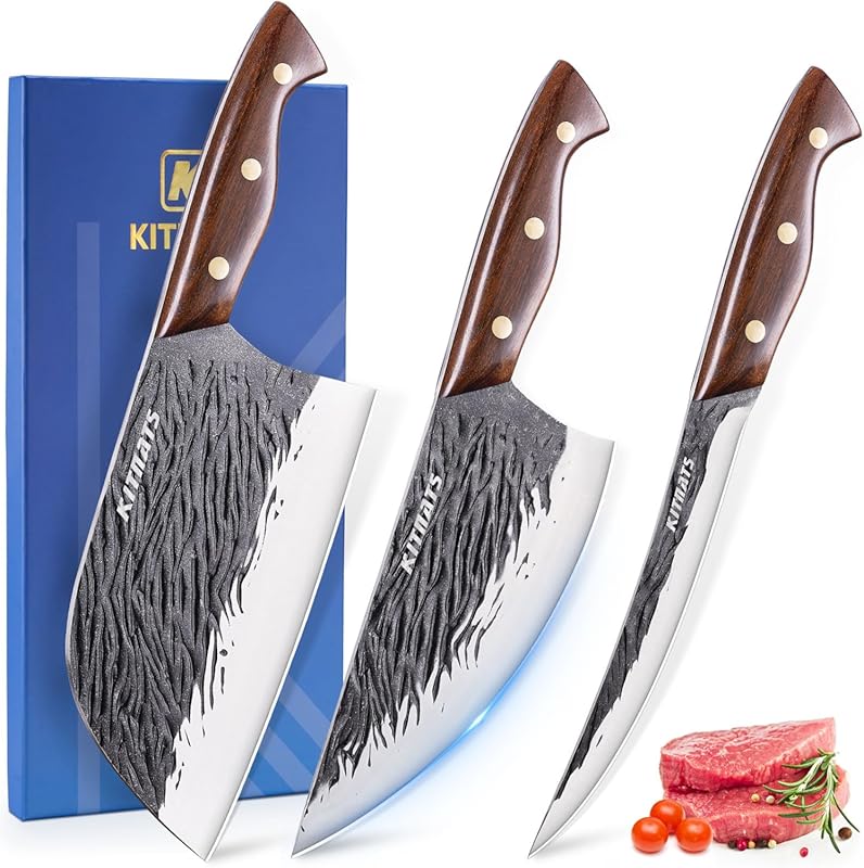 3PC Hand Forged Serbian Butcher Set: Meat Cleaver & Boning for Home & 