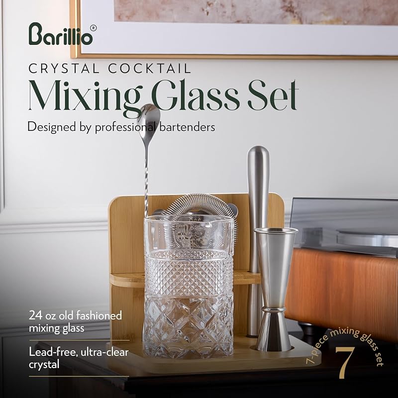 Barillio 24 Oz Crystal Cocktail Mixing Glass Set: Weighted Base, Bambo