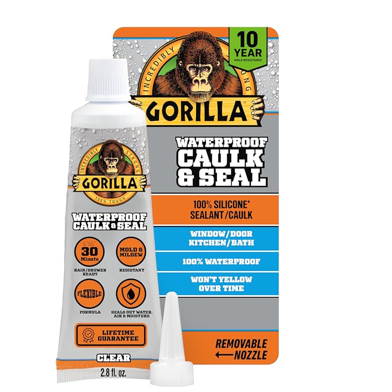 Gorilla 100% Clear Silicone Caulk, Waterproof, 10 Year Mold Resistant 