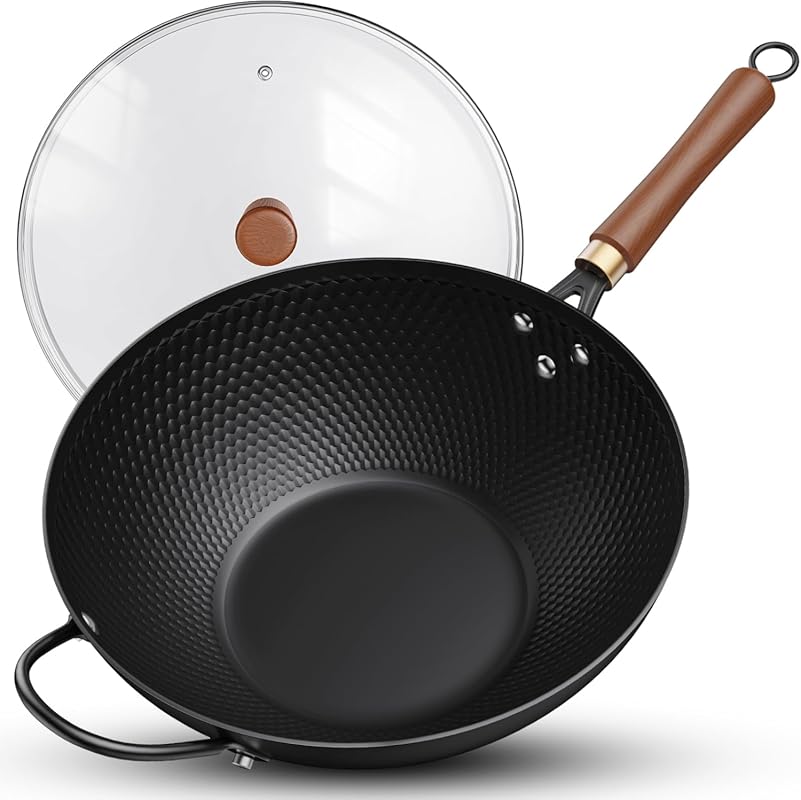 13-Inch Nonstick Carbon Steel Wok Pan with Glass Cover for Stir-Frying