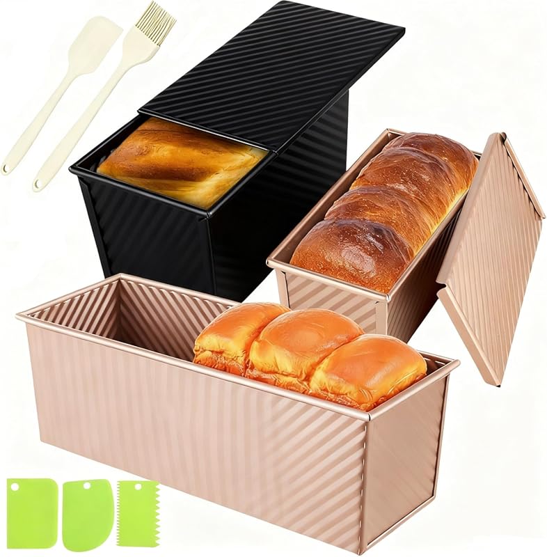 3-Pack Non-Stick Pullman Loaf Pans with Lids (2.2, 1, 0.8 LB) for Home