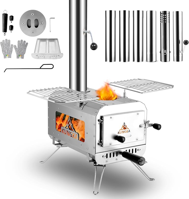 Small Portable Stainless Steel Hot Tent Stove with 6 Chimney Pipes for