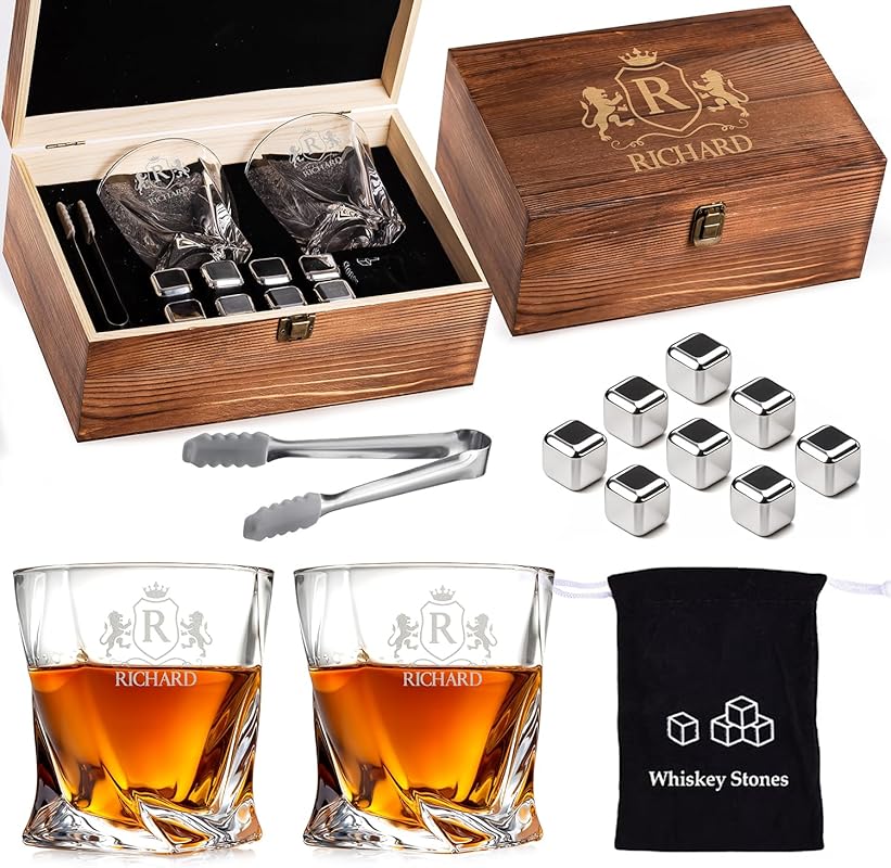 Personalized Monogrammed Whiskey Gift Set with 2 Glasses, Stainless St