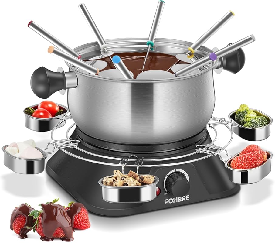 FOHERE Electric Fondue Pot Set, 1.4QT Non-Stick, Temp Control, 8 Forks