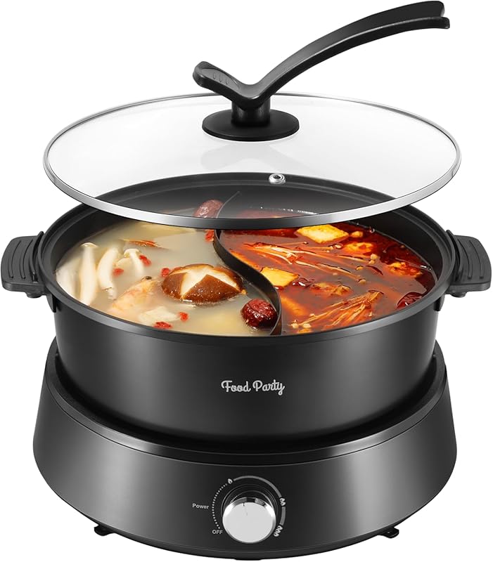 Food Party 4L Electric Hot Pot with Divider, 1350W Non-Stick Dual-Side