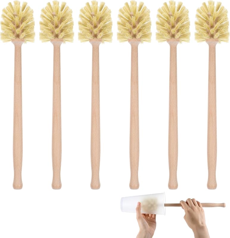 6-Pack Natural Wood Dish Scrub Brushes: Long Beechwood Handle, for Bot