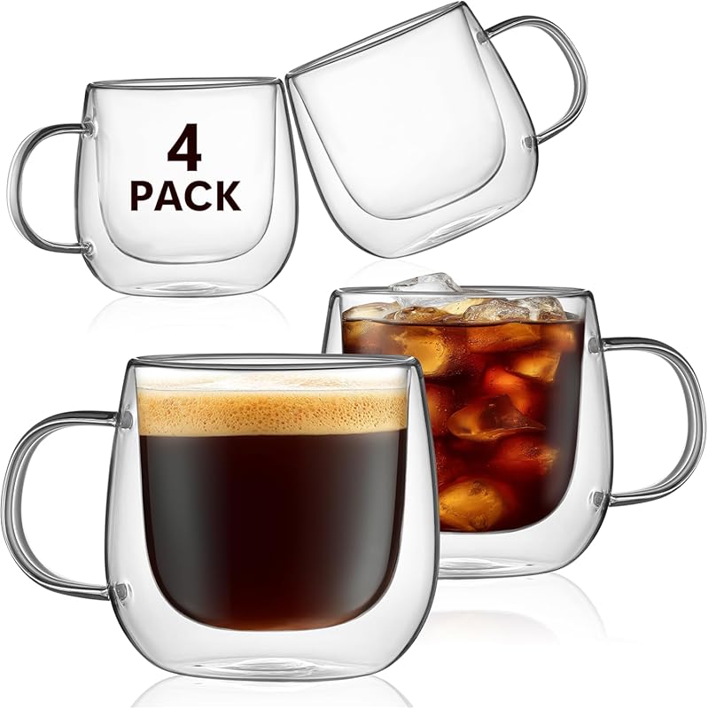 16oz Double Walled Insulated Glass Coffee Mugs, Handle, 4-Pack, Heat &
