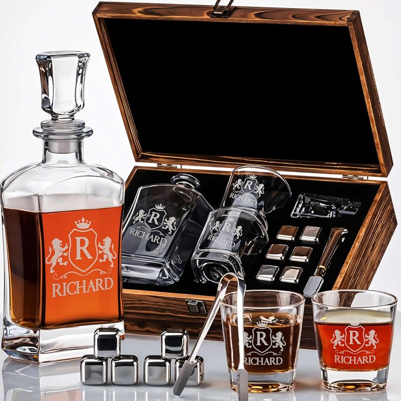 Monogrammed Engraved Premium 23 oz Whiskey Decanter Gift Set, Glasses,