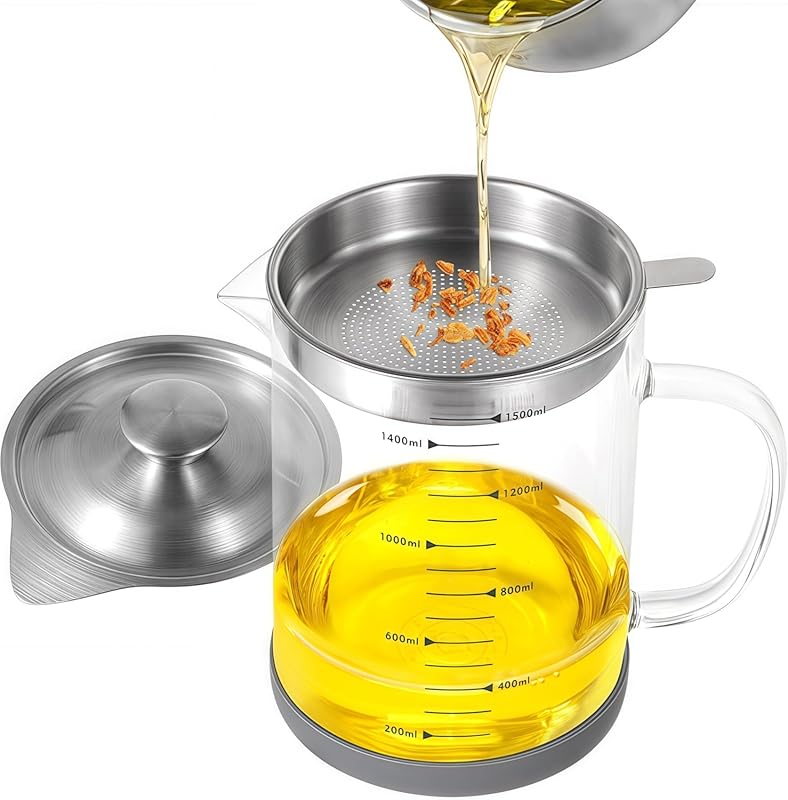 Premium 1.5L Borosilicate Glass Bacon Grease Saver with Stainless Stee