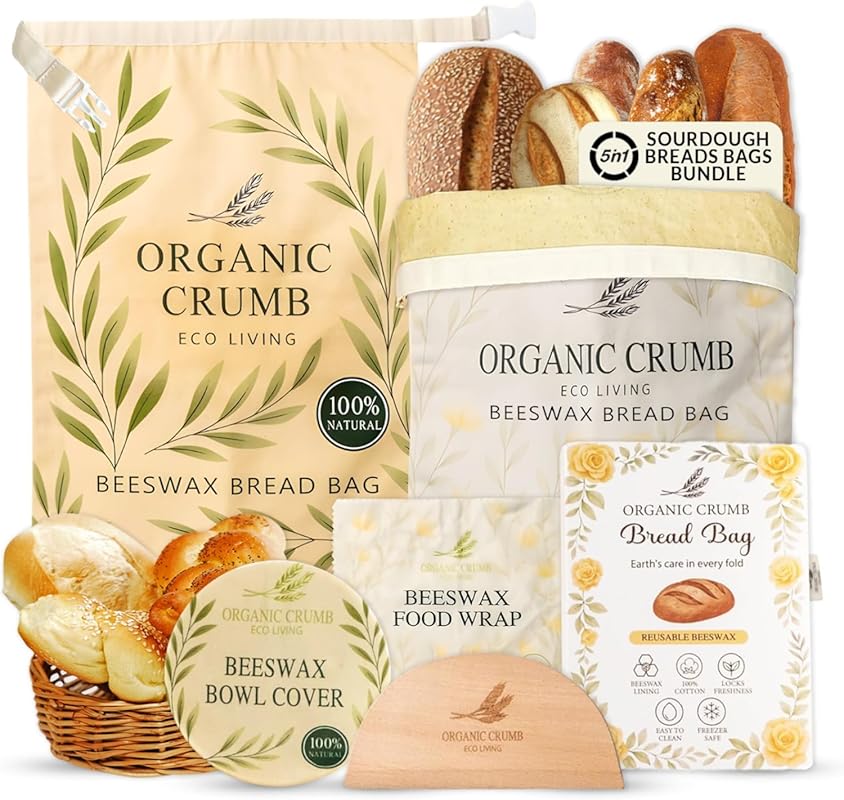 5-in-1 Reusable Bread Bag Set: 2 XL Cotton Beeswax Bags, Wrap, Bowl Co