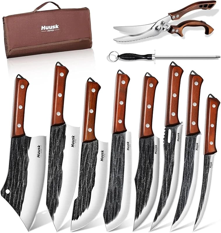 Huusk Hand Forged Butcher Knife Set: Sharp Meat Cleaver, Boning & Carv