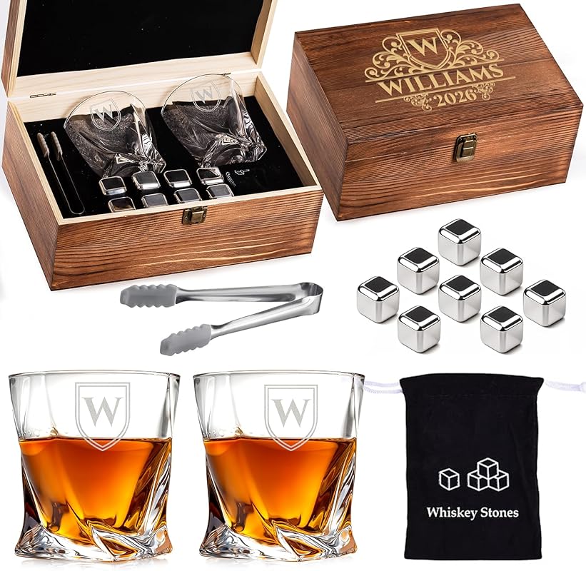 Personalized Monogram Year Whiskey Gift Set (2 Glasses, Stainless Ston
