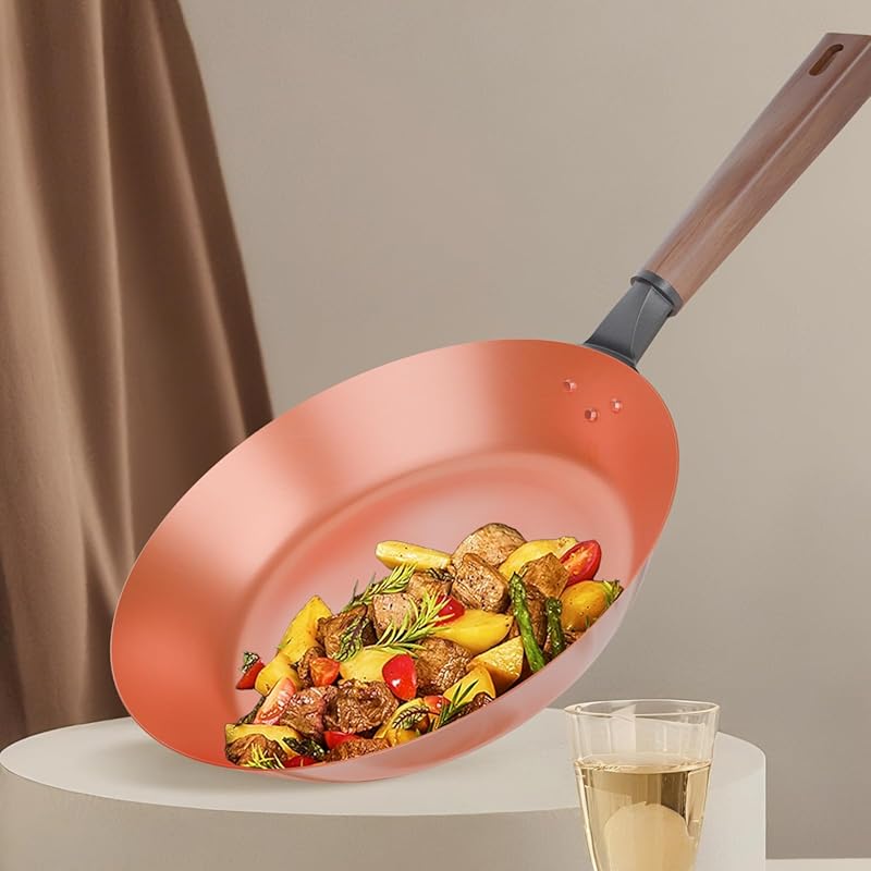 Premium Handmade 11.2-Inch Pure Red Copper Frying Pan Skillet Cookware