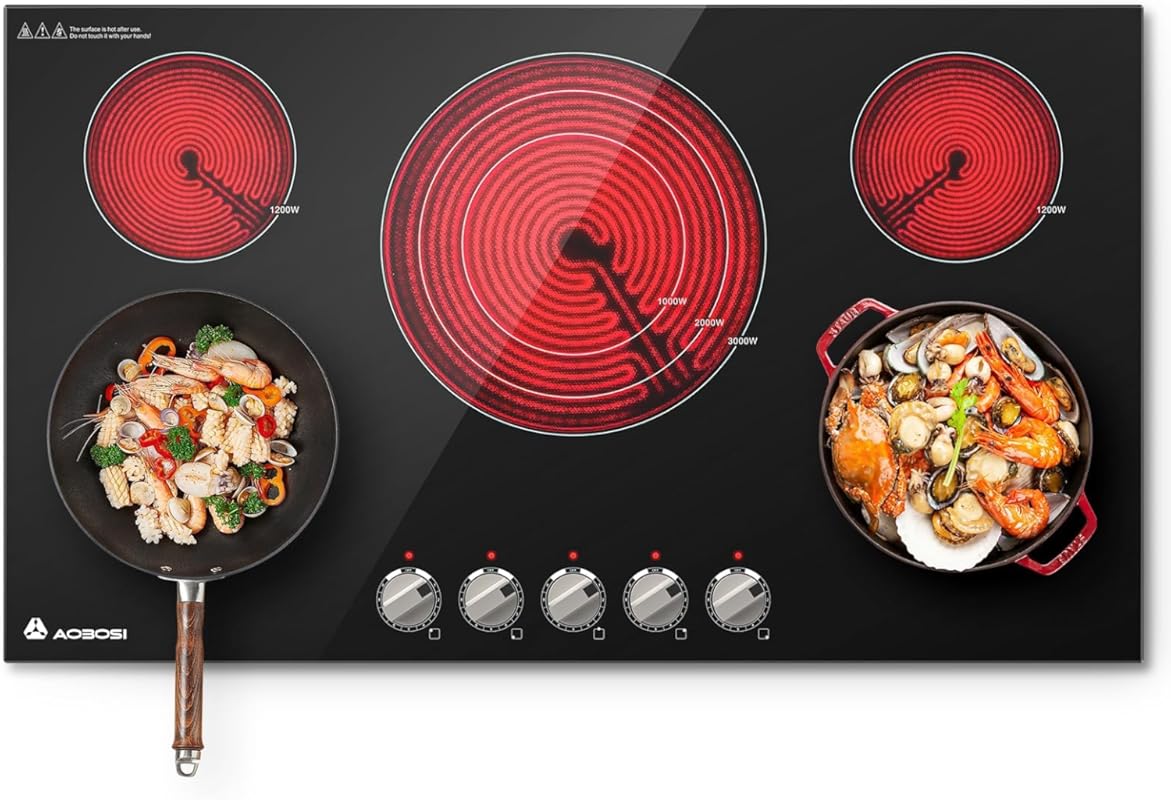 AAOBOSI 36 Inch Built-In Electric Ceramic Cooktop, 5 Burners, Knob Con