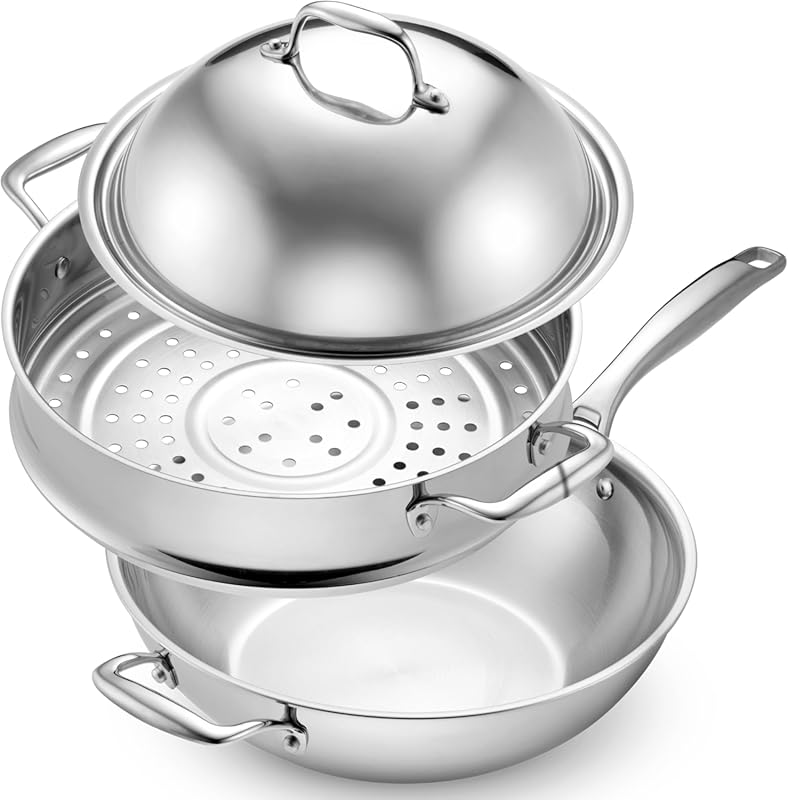 LEGEND COOKWARE 12-Inch 5-Ply Stainless Steel Wok Set with Lid & Steam