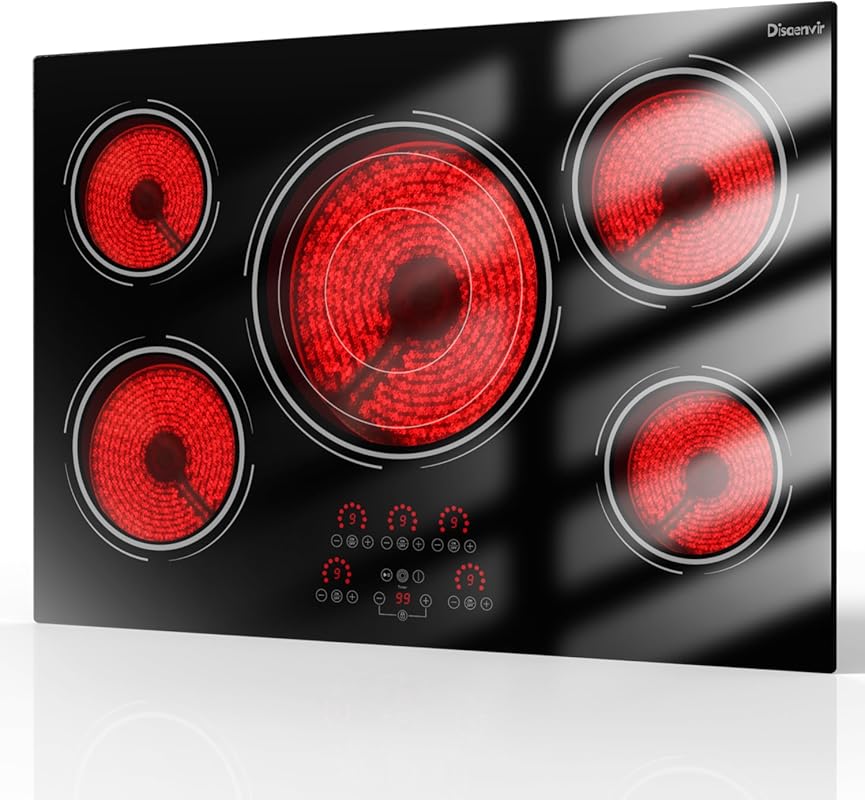 30 Inch Electric Cooktop, 9000W 5 Burner Ceramic, Built-in, Triple Rin