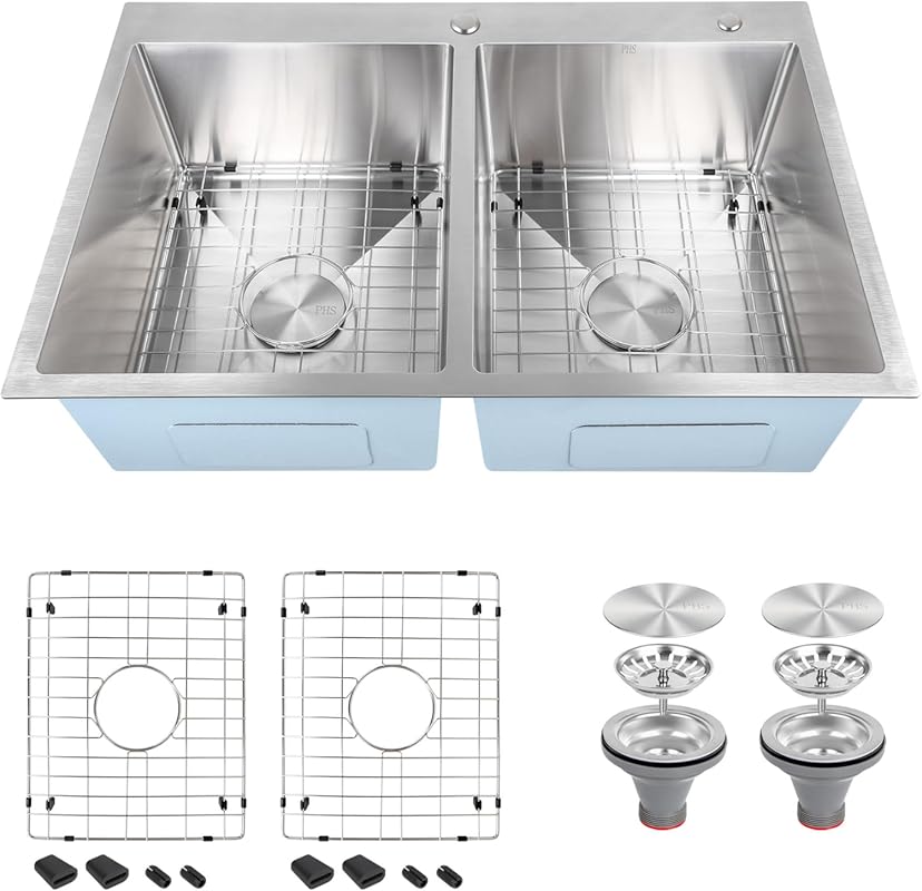 Generic 33x22 Inch Drop-In 50/50 Double Bowl Kitchen Sink, 16 Gauge St