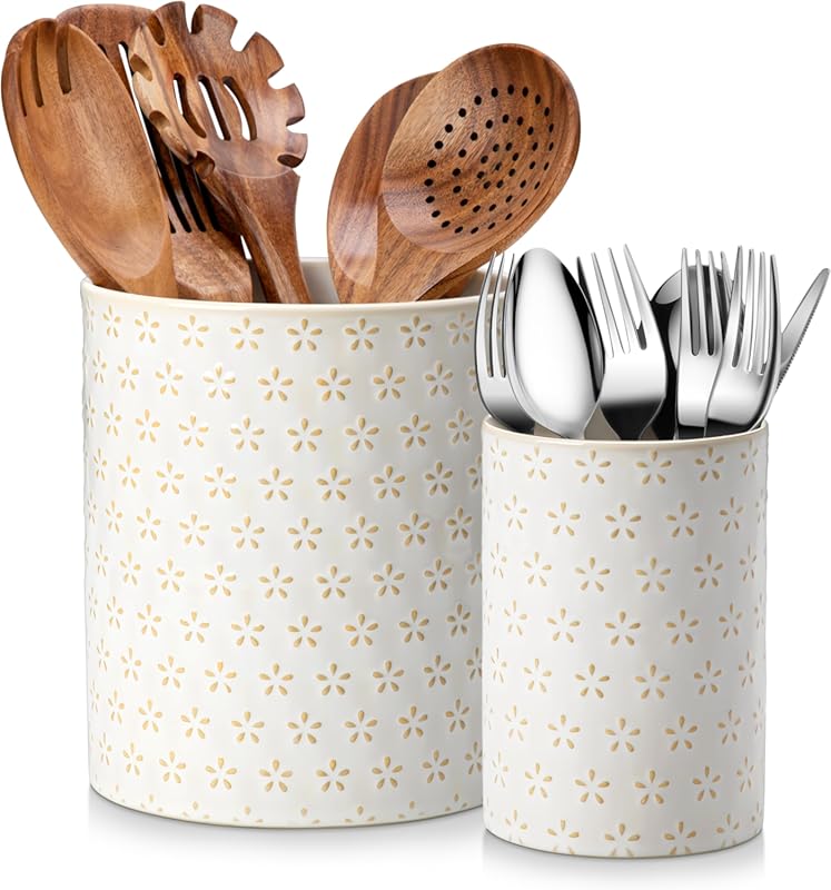 MALACASA LYDIA Ceramic Utensil Holders Set, Large & Small Kitchen Coun
