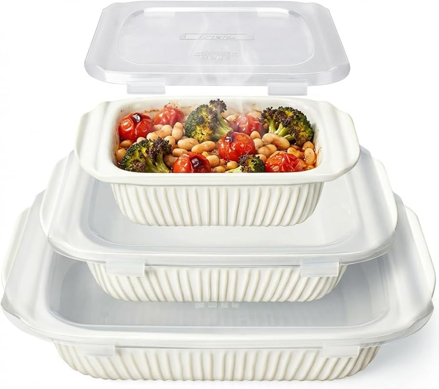 Artena Set of 3 White Ceramic Baking & Casserole Dishes with Lids, Dee