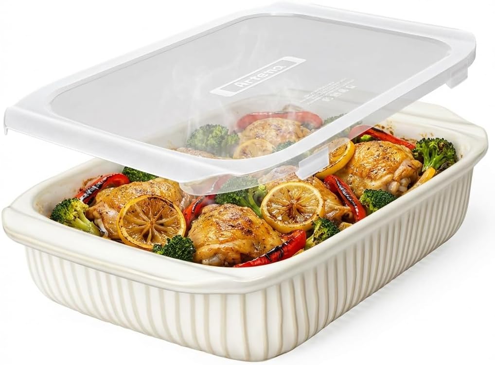 Artena Large 5.1 Qt White Ceramic Baking Dish with Handles, Deep Casse