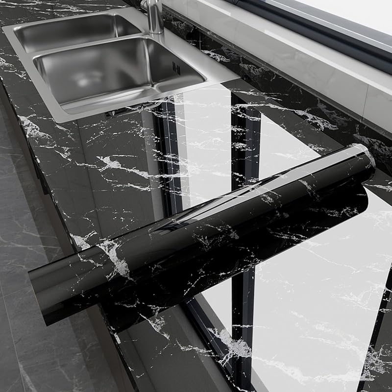 Black 17.7x78.7 Inch Glossy Marble Contact Paper, Peel and Stick Water