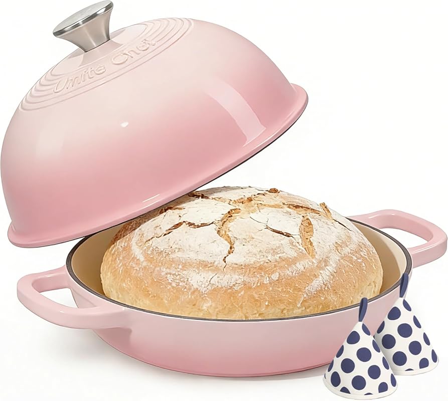 Umite Chef 6 Quart Pink Enameled Cast Iron Round Dutch Oven for Sourdo