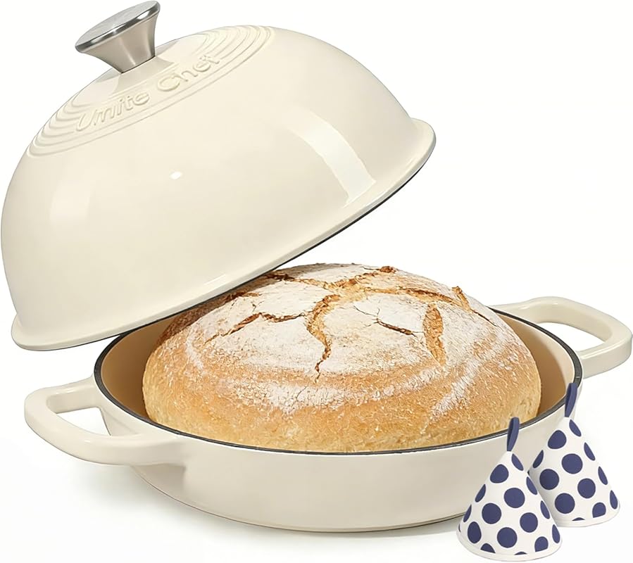 Cream White Enameled Round 6 Qt Cast Iron Bread Oven & Dutch Oven with