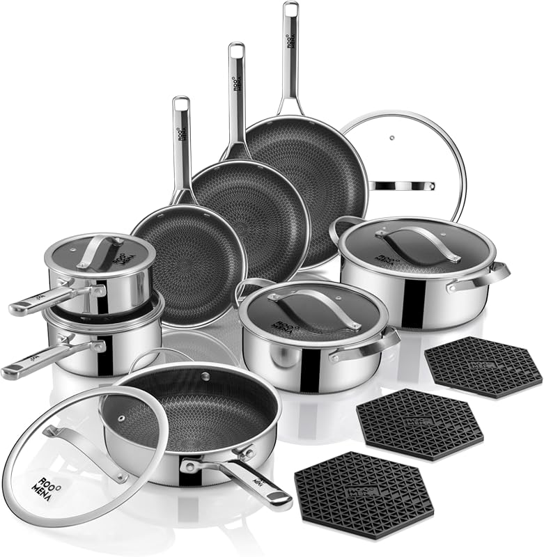 17PC Hybrid Stainless Steel Nonstick Tri-Ply Cookware Set, Oven & Dish