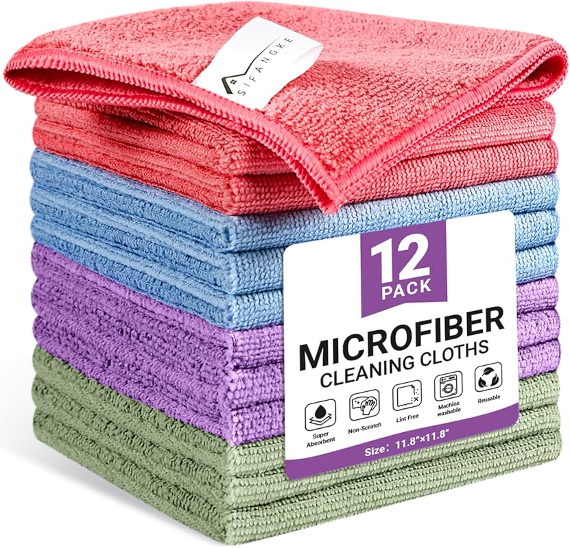 12-Pack Microfiber Cleaning Cloths, Assorted Colors, Reusable Rags for