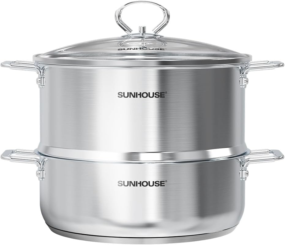 SUNHOUSE 2-Tier Stainless Steel Steamer Pot with Lid, 5.5 QT Steamer &