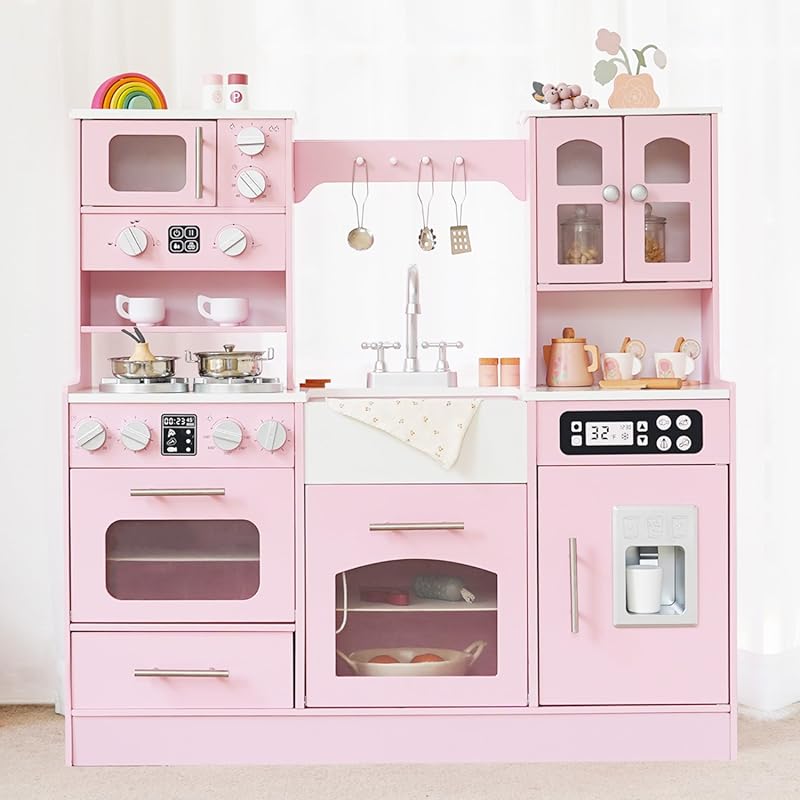 Large Wooden Play Kitchen for Kids with Lights, Sounds, Ice Maker, Ove