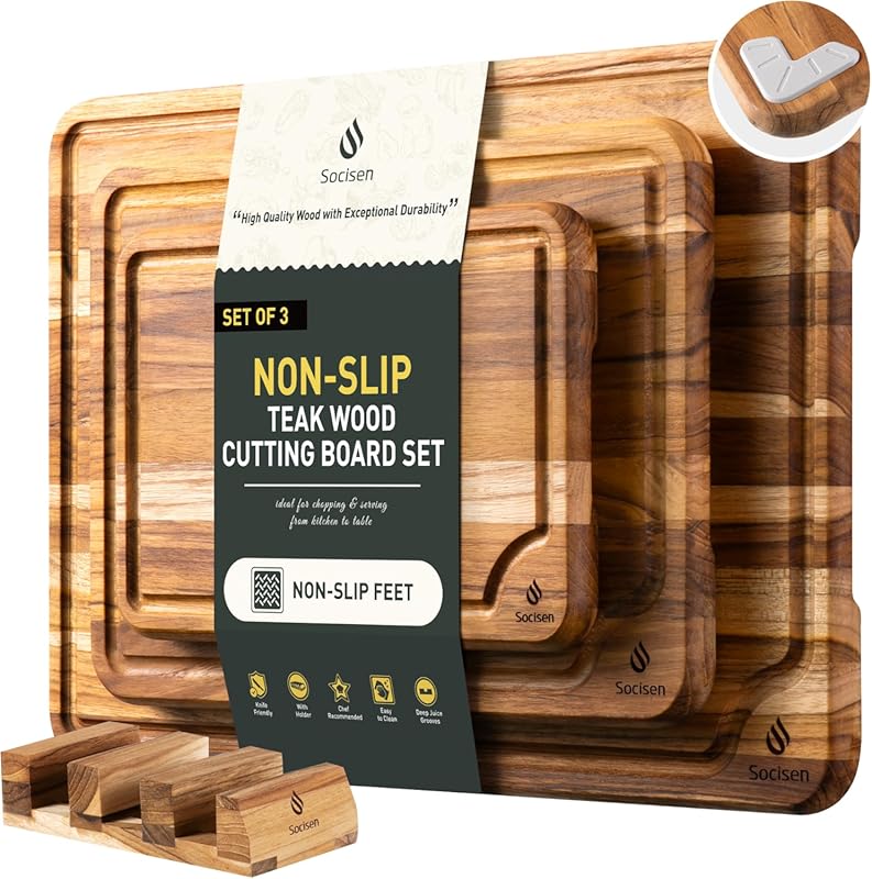 Haus 3-Pack Teak Wood Cutting Board Set for Kitchen, Heavy Duty Charcu