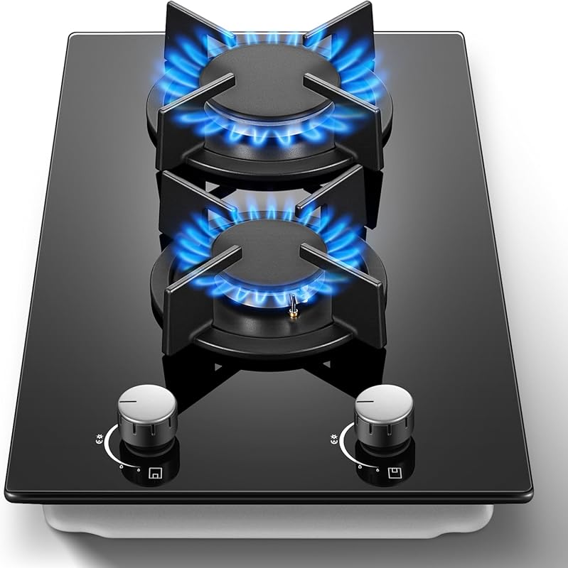 12 Inch 2 Burner Built-in Gas Cooktop, Black Tempered Glass Propane/NG