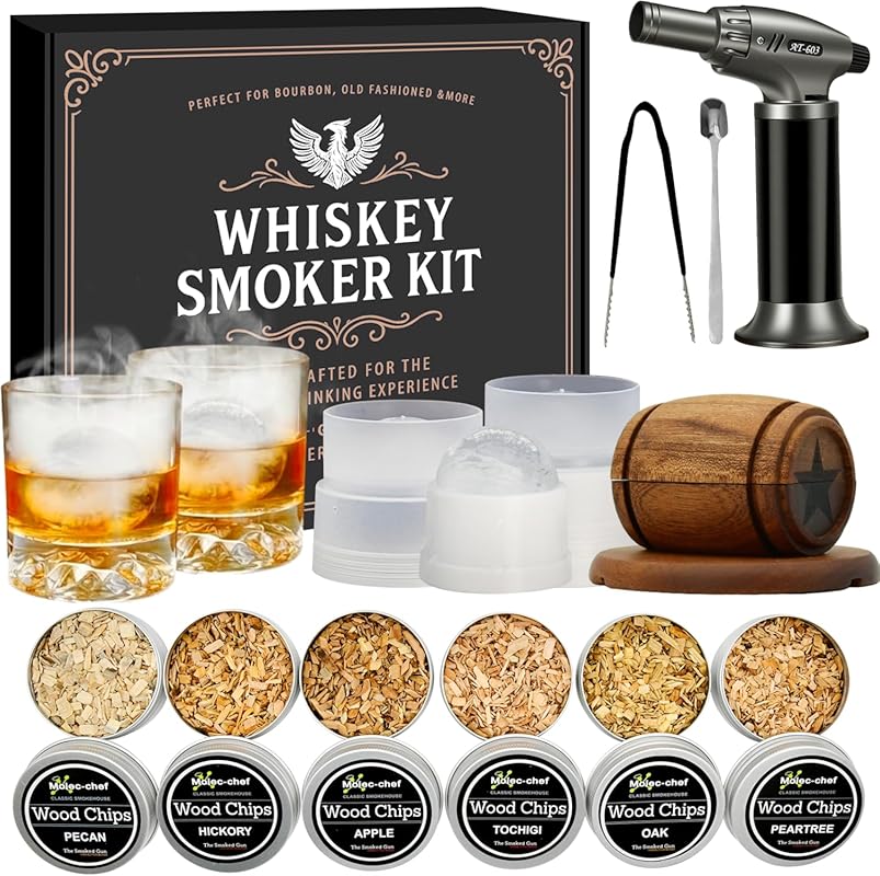 Whiskey & Bourbon Cocktail Smoker Infuser Kit with Torch, 6 Wood Chips