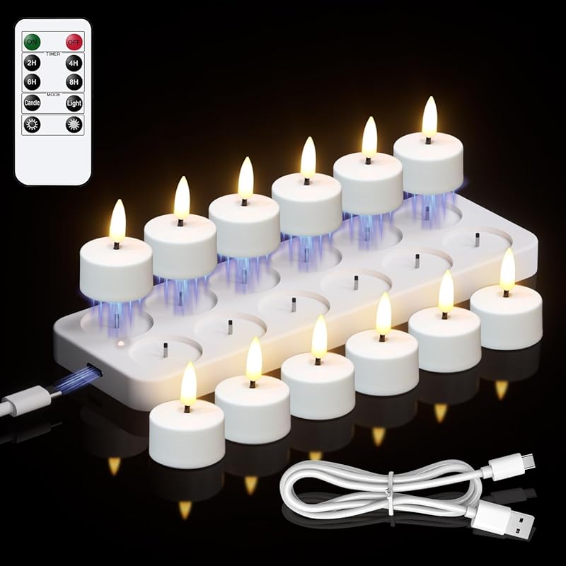 12-Pack Rechargeable White LED Tea Light Candles with Remote & Chargin