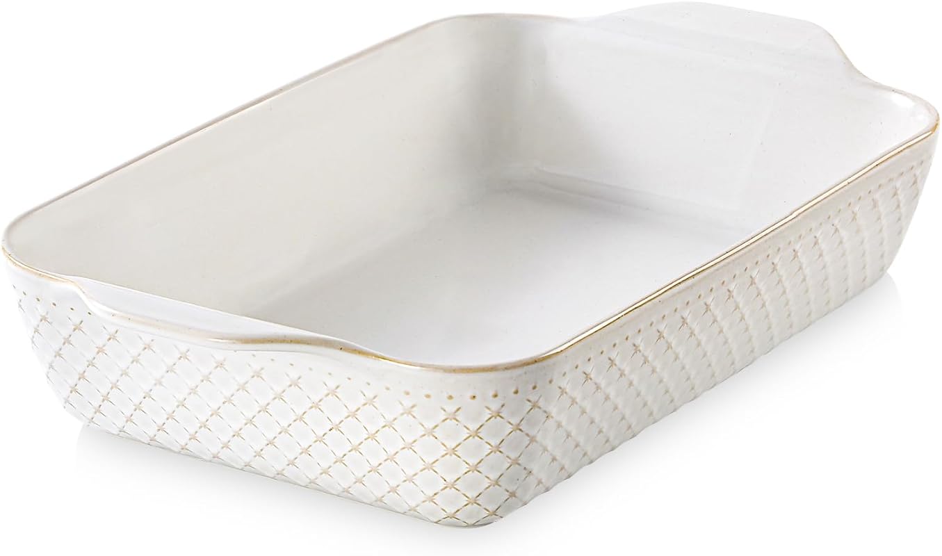 DOWAN 9x13 Deep Ceramic Lasagna Baking Dish, 4 Quart Embossed Pan, Arc
