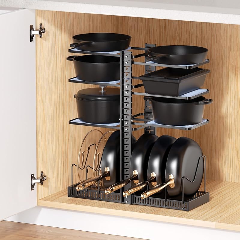 LAMU Expandable 6-Tier Pots and Pans Organizer with Lid Racks for Unde